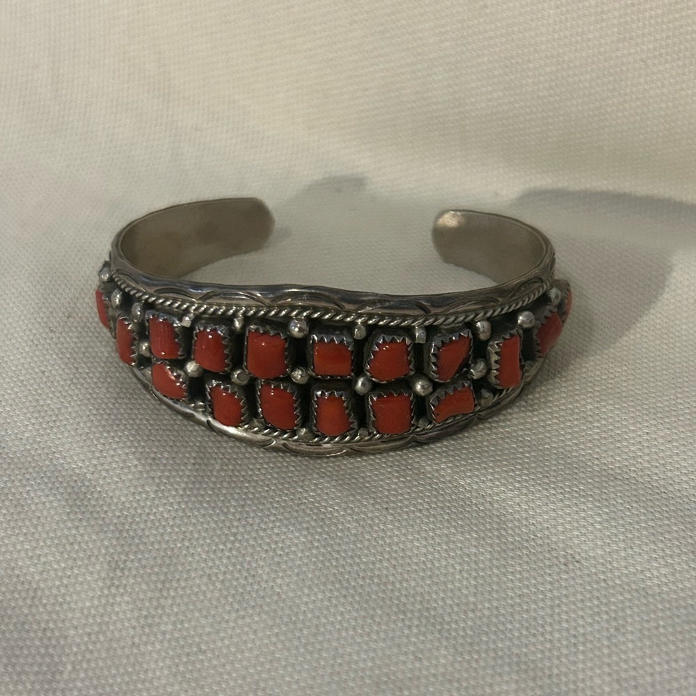 Women’s Red Coral Navajo Sterling Silver Cluster Cuff Bracelet Signed AW